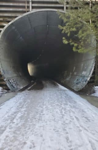 Close-up view at entrance of curved tunnel with light peeking through at far end.