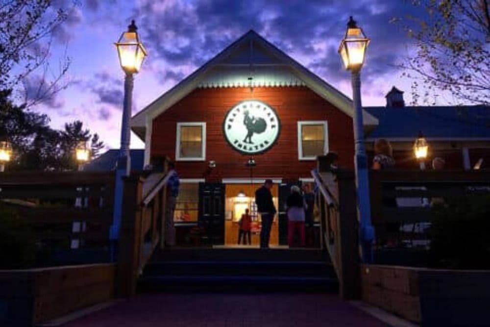 Front facade of a theatre lit up at night with people milling around the front steps