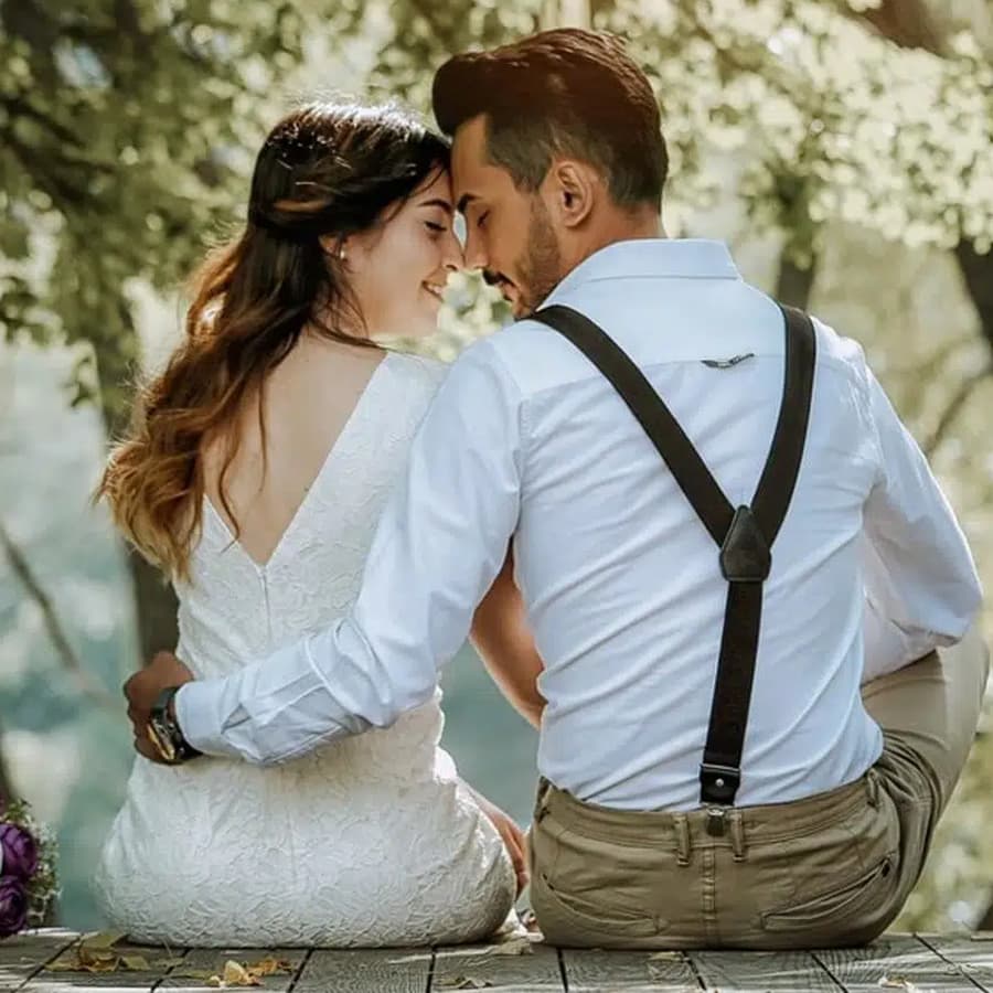 Man and woman sitting in wedding clothes on a wood porch step, with man's arm around the bride